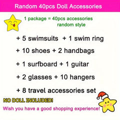 40pc Doll Clothing & Accessories Playset with Shoes, Handbags, Surfboard, Guitar