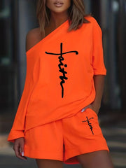 Letter Print Matching Two piece Set One shoulder Long Sleeve T shirt & Loose Sho