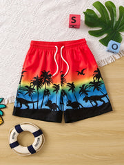 Boys Swim Trunks Coconut Trees Dinosaur Print Elastic Waist Drawstring