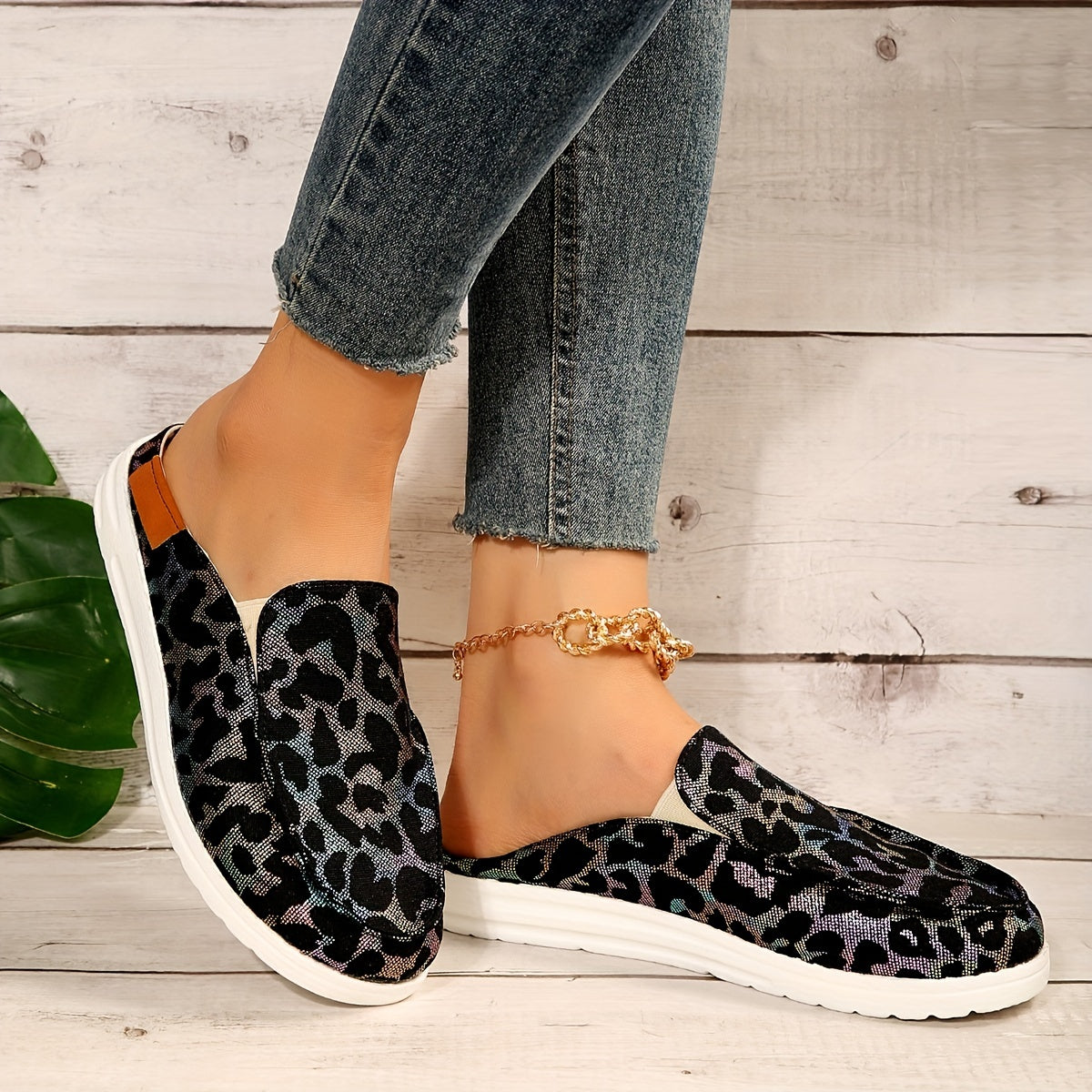 Women's Print Mules Sneakers Slip On Low Top Loafers
