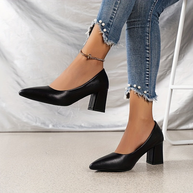 Solid Block Heels Point Toe Dress Pumps