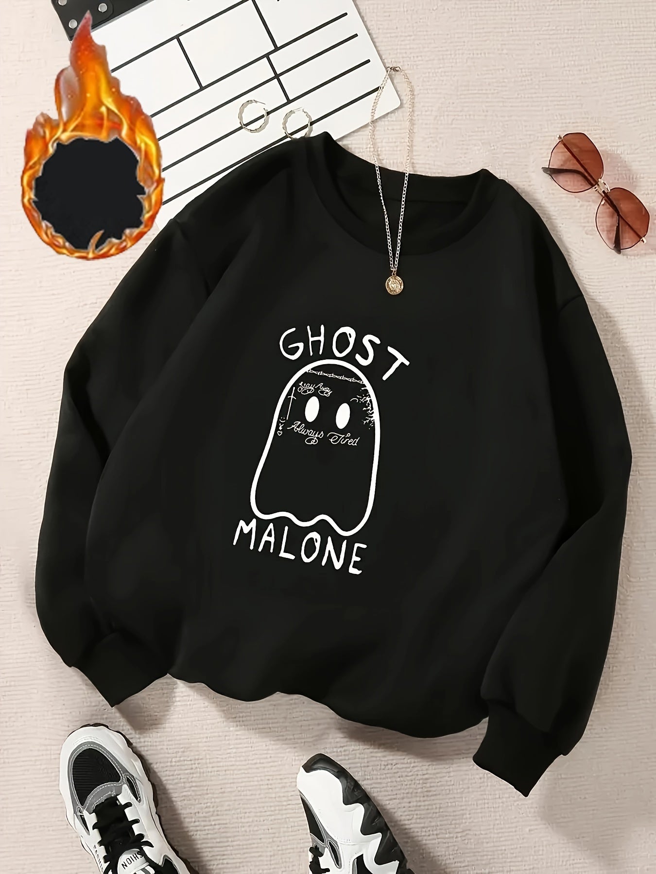 Halloween Ghost Print Sweatshirt Long Sleeves Round Neck Activewear
