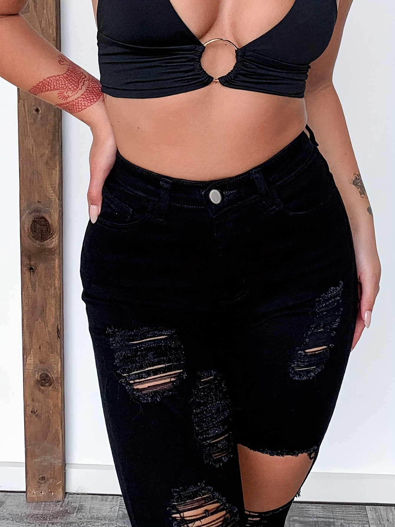 Ripped Holes Skinny Jeans High Waist Butt Lifting Denim Pants