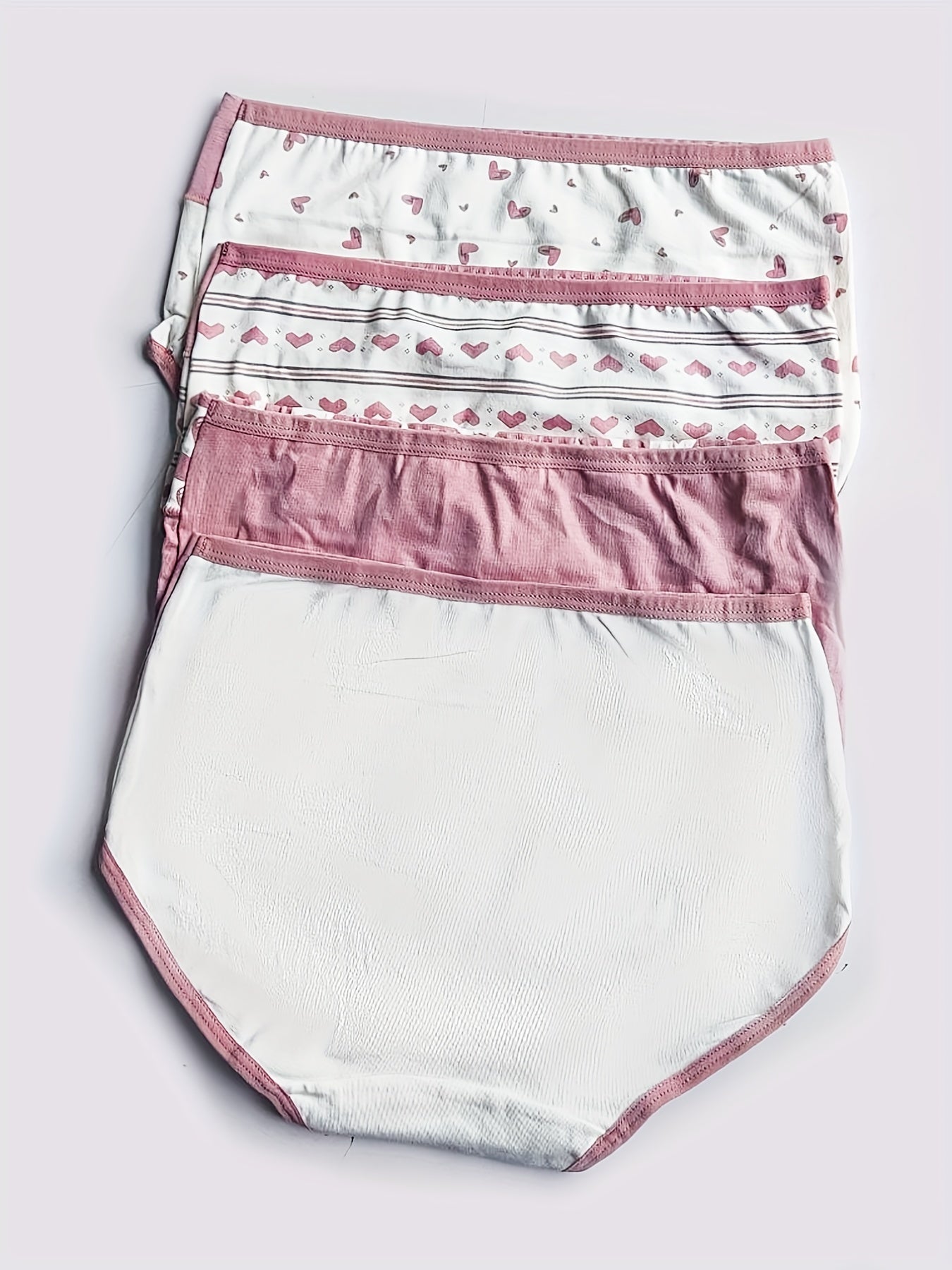 4 Heart Print Briefs High Waist Stretchy Intimates Panties Women's Lingerie