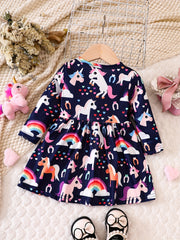 Baby Girls Rainbow Unicorn Print Long Sleeve Dress
