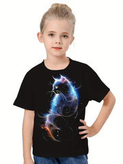 Girls Boys 3D Cat Graphic Short Sleeve T shirt Breathable Comfy Pullover Tops