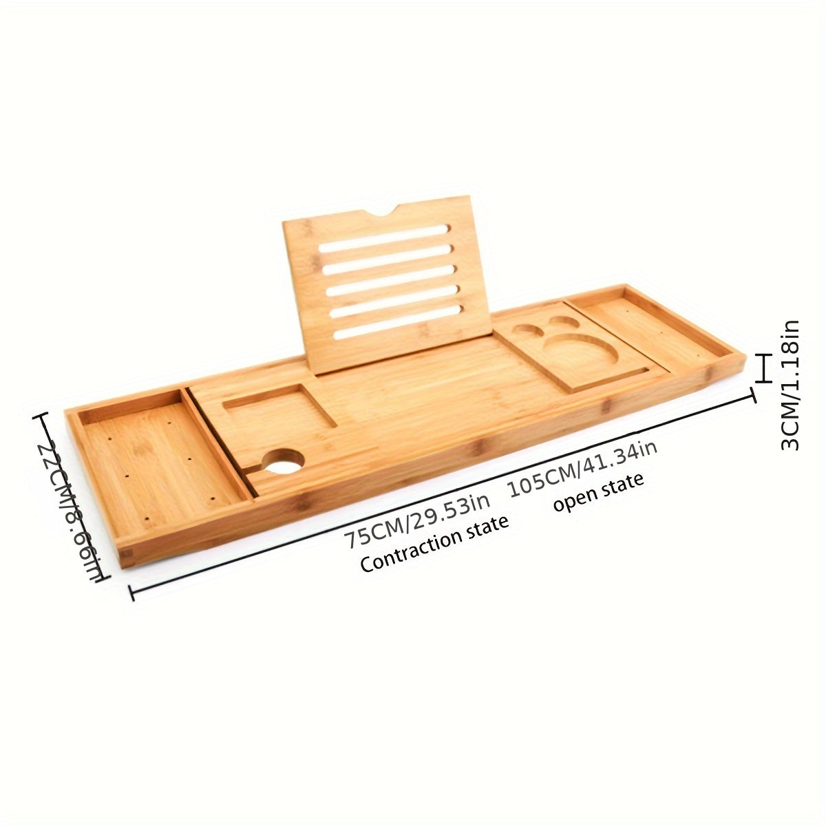Adjustable Bamboo Bathtub Caddy Tray with Wine Glass Holder and iPad Stand