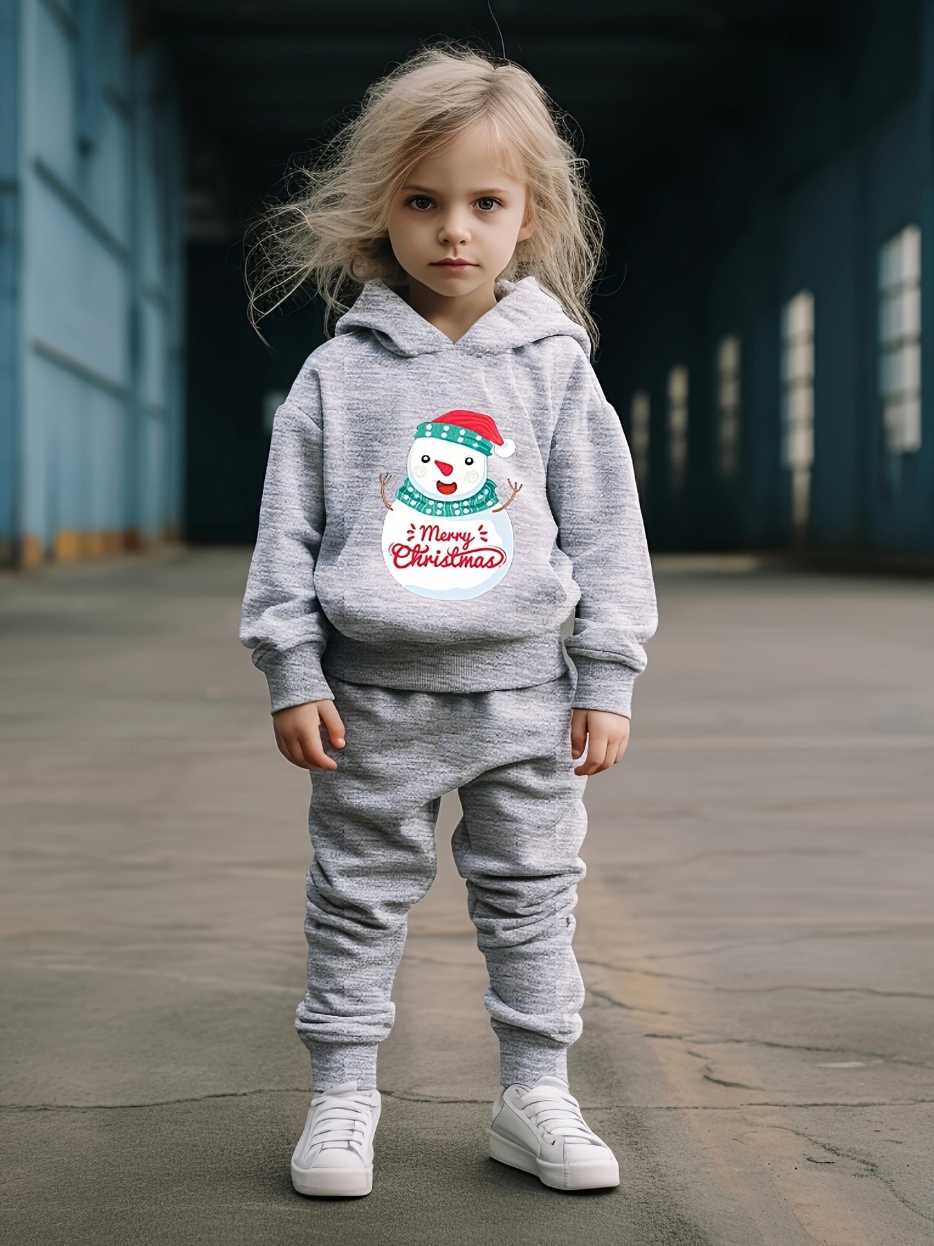 Girls Snowman Santa Hat Pattern Hoodie Set