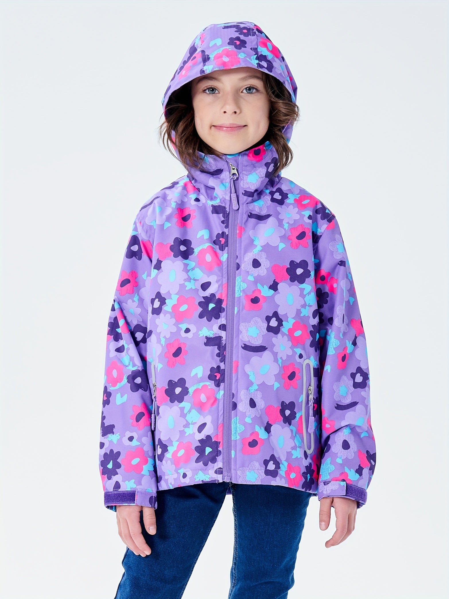 Girls Flower Graphic Hooded Jacket Zip Up Lightweight Windbreaker