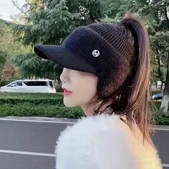 Rhinestone M Label Knit Hat Solid Thick Cold Proof Ear Protection Warm Hat