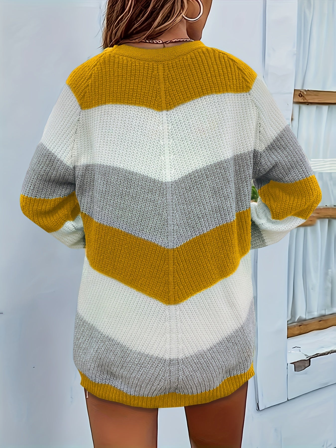 Striped Pattern Crew Neck Pullover Sweater for Women