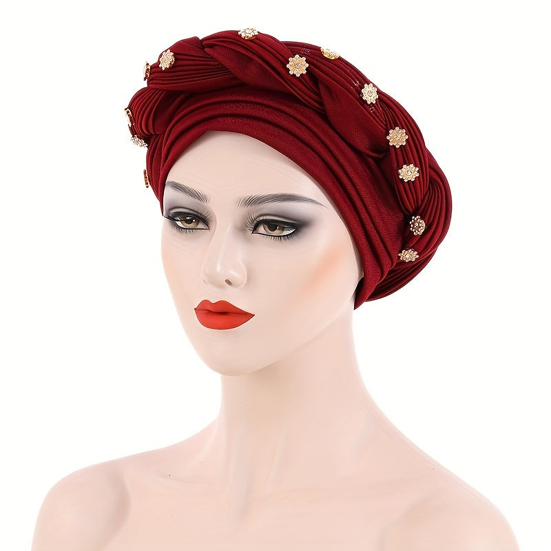 Pleated Turban Cap Flower Decor Twist Head Wrap Elastic Bonnet Beanie Chemo Hats