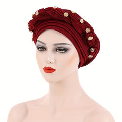 Pleated Turban Cap Flower Decor Twist Head Wrap Elastic Bonnet Beanie Chemo Hats