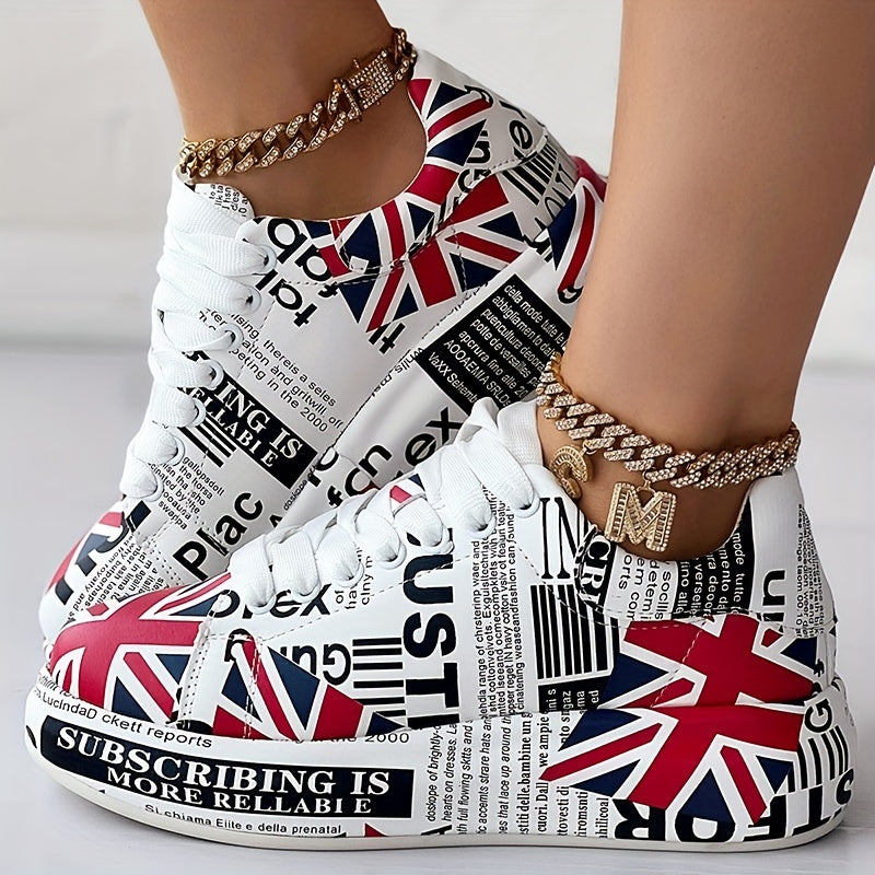 Women's Letter & Flag Print Sneakers Low Lace Up Flatform Shoes