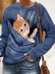 Cat Print Pullover Sweatshirt Casual Long Sleeve Crew Neck Sweatshirt