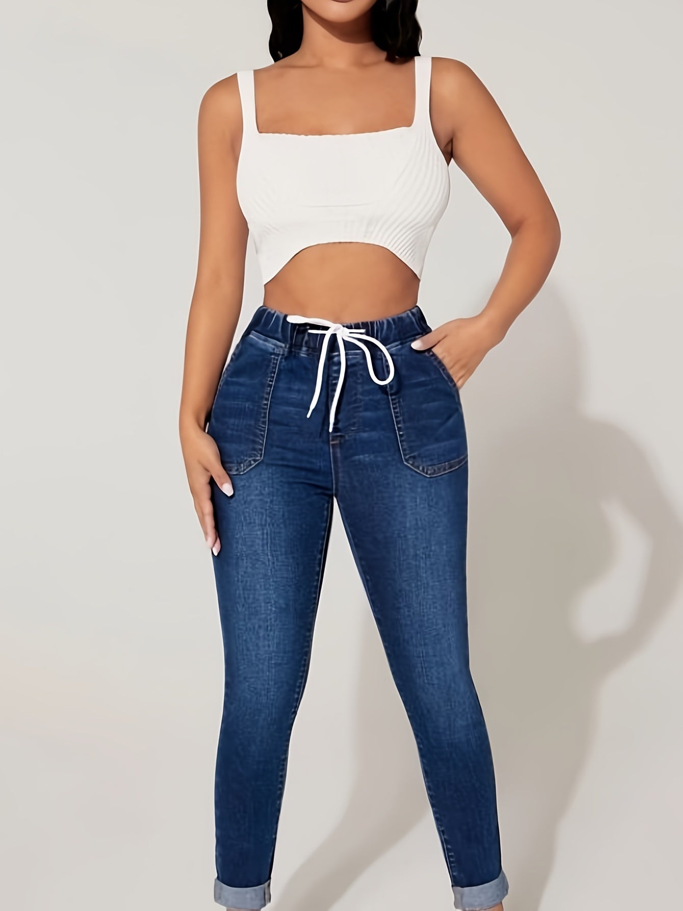 Solid Elastic High Rise Skinny Jeans