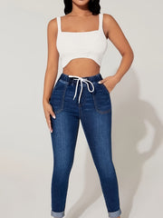 Solid Elastic High Rise Skinny Jeans