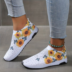 Butterfly Sunflower Pattern Rhinestone Decor Mesh Sneakers