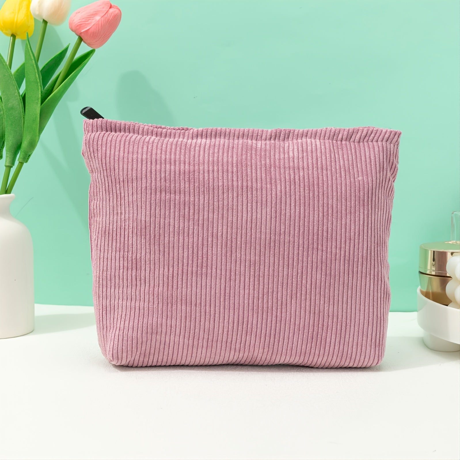 Large Capacity Velvet Makeup Bag with Organizer Pink