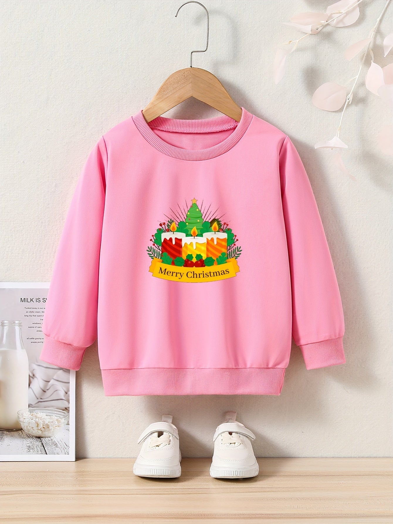 Christmas Cartoon Candles Print Girls Sweatshirt