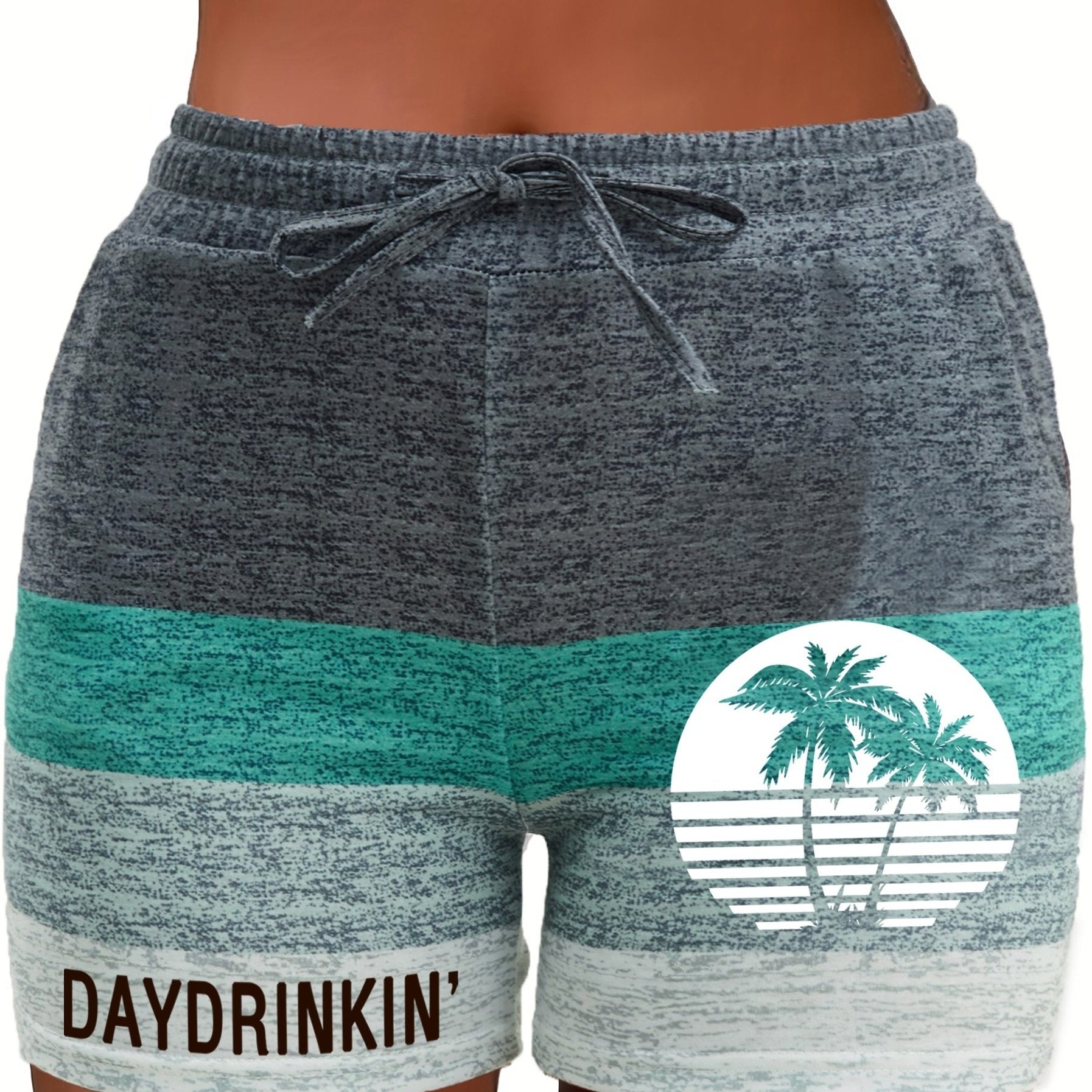Tree & Letter Print Striped Drawstring Shorts