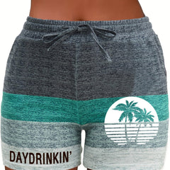 Tree & Letter Print Striped Drawstring Shorts