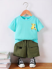 Toddler Boy's Cartoon Giraffe Pattern 2pcs T shirt & Cargo Shorts Set Outfits