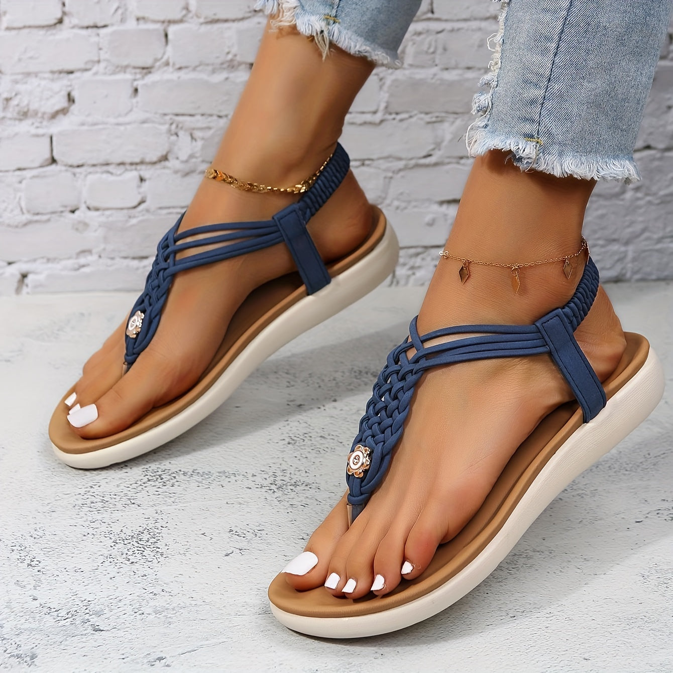 Women's Braided Flat Sandals T strap Open Toe Beach Non Slip Sandals
