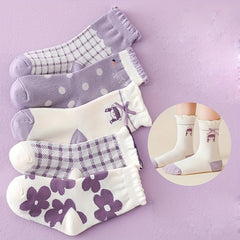 5 Pairs Girls Kids Cartoon Lace Princess Socks - Breathable Crew Socks