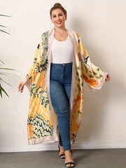 Boho Kimono Women's Plus Floral Print Long Sleeve Beach Cover-Up