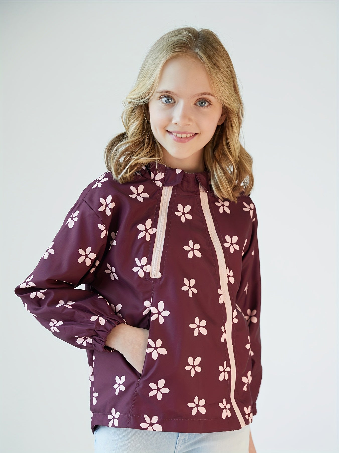 Girls' Butterfly Print Zip Hooded Windbreaker for Outdoor Girls