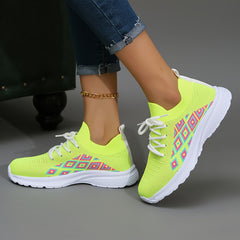 Women's Block Argyle Pattern Lace up Mesh Sneakers