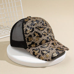 Leopard Trucker Hat Sequin Baseball Cap Adjustable Sunscreen Dad Hats