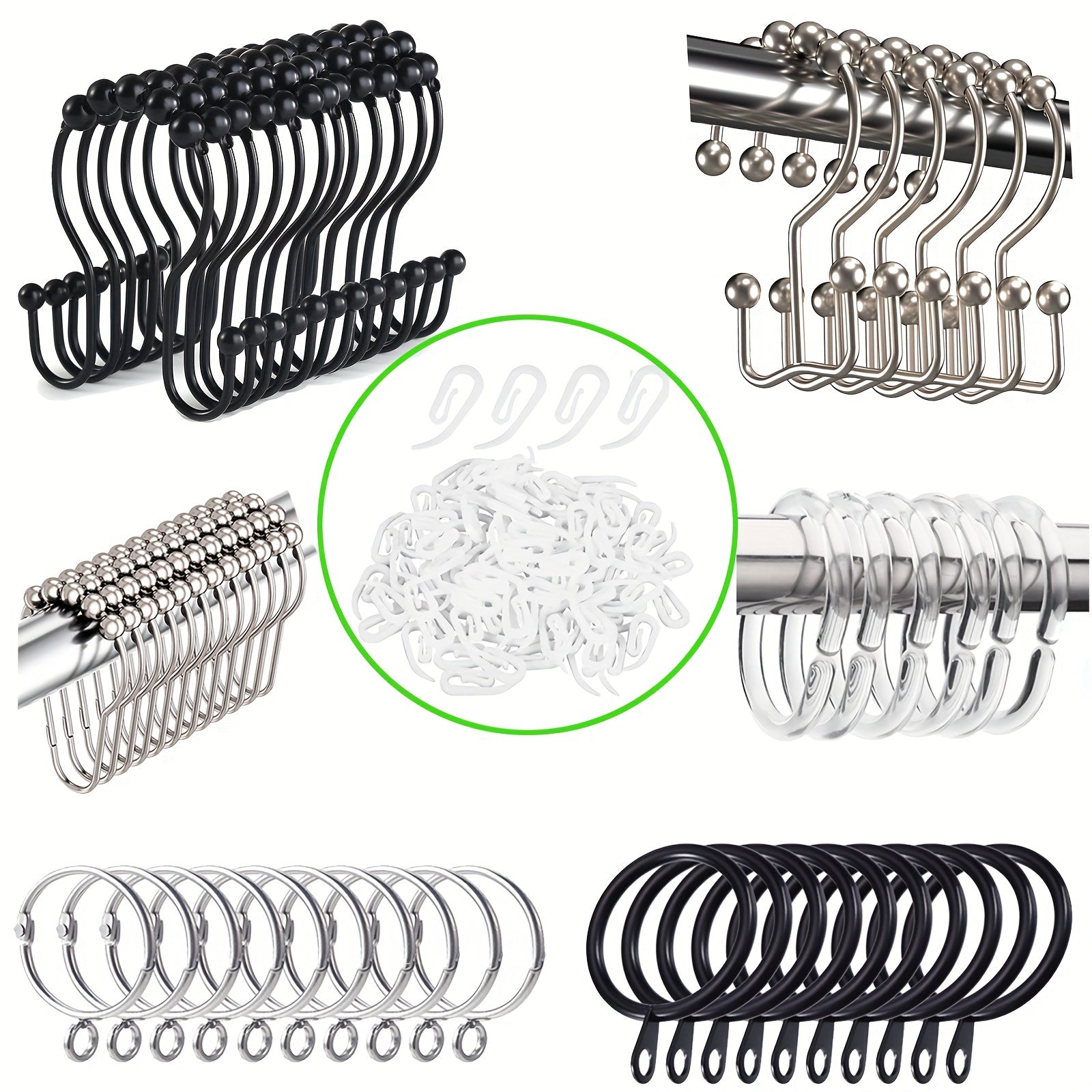Plastic & Metal Shower Rings for Curtain Bathroom Shower (50pcs)