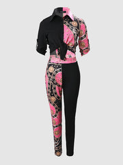 Casual Contrast Print Two piece Set Long Sleeve Shirt & High Waist Pants