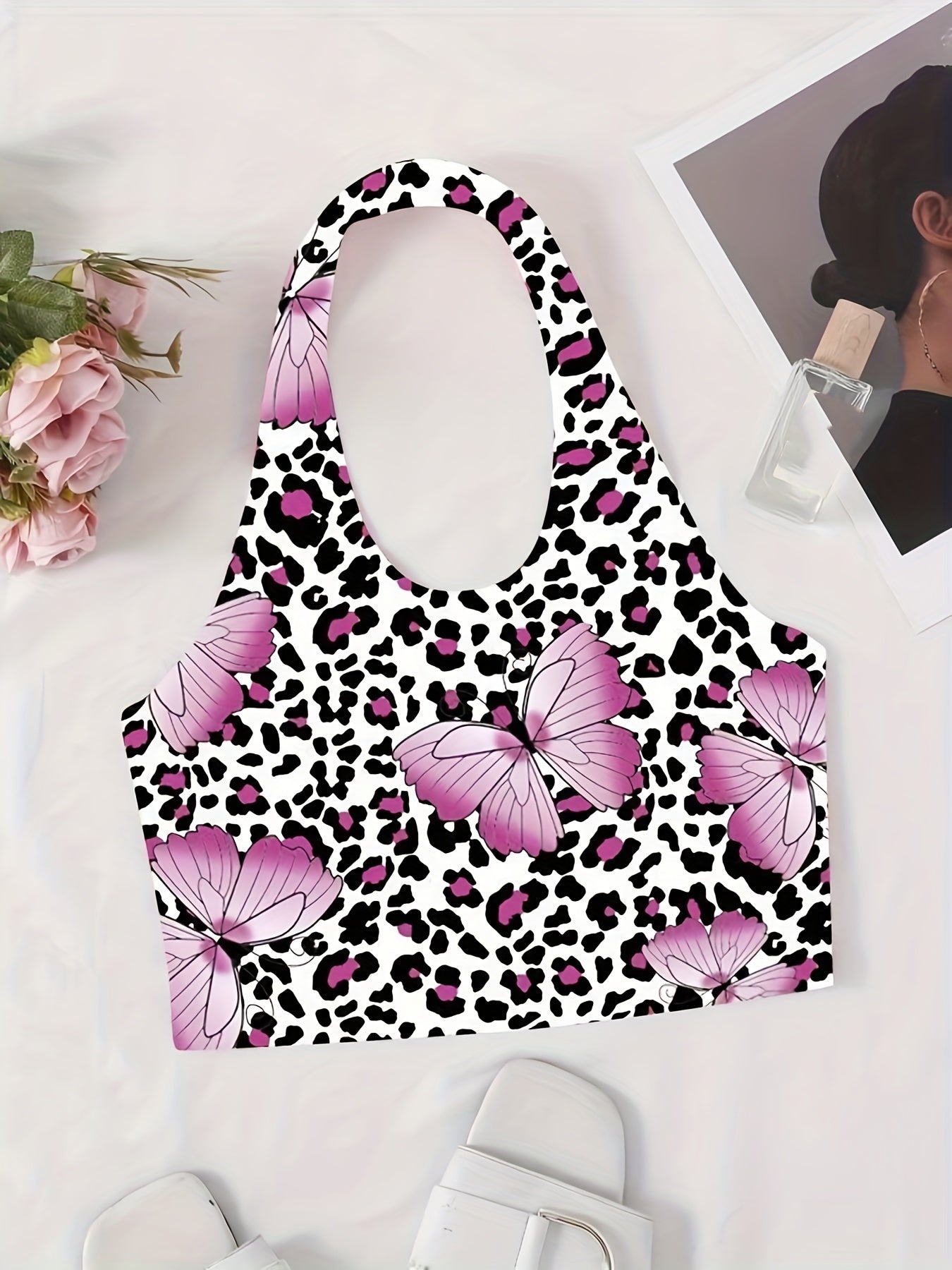 Butterfly Print Halter Top Sexy Backless Leopard Top