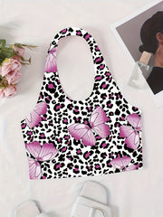 Butterfly Print Halter Top Sexy Backless Leopard Top
