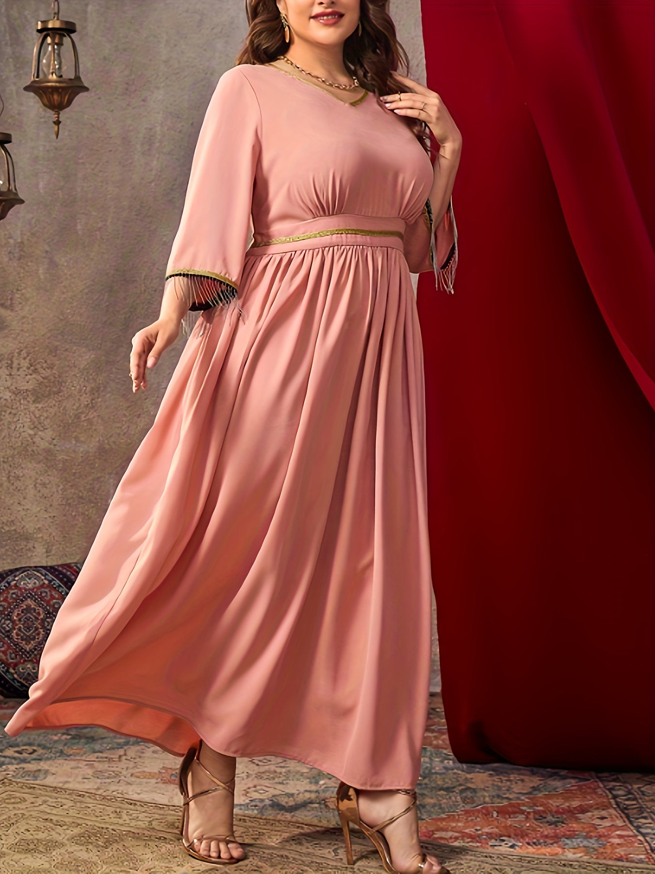 Women's Plus Colorblock V Neck Maxi Kaftan Dress