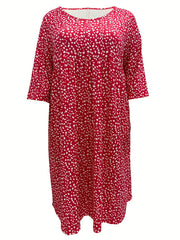 Dot Print Half Sleeve Round Neck Dress With Pockets
