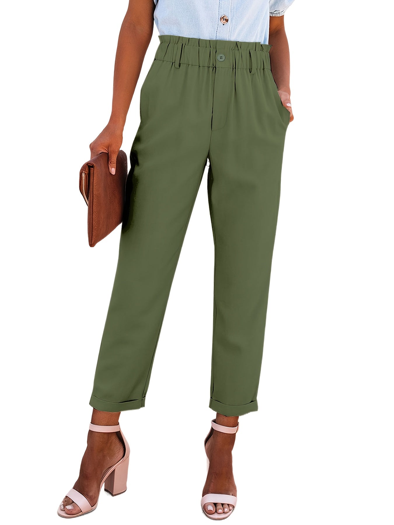 Ruffled Elastic Waist Casual Pants - Solid High Waist Athleisure