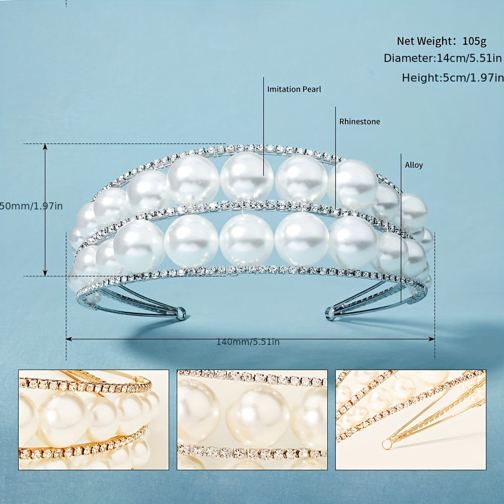 Wide Brim Headband Rhinestone Bride Crown Set 2 Tiers Pearl Hair Band
