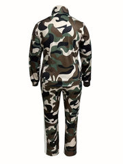 Women's Plus Colorblock Camo Zip Up Mock Neck Coat & Elastic Pants Set