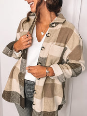 Button Plaid Drop Shoulder Jacket for Fall & Winter