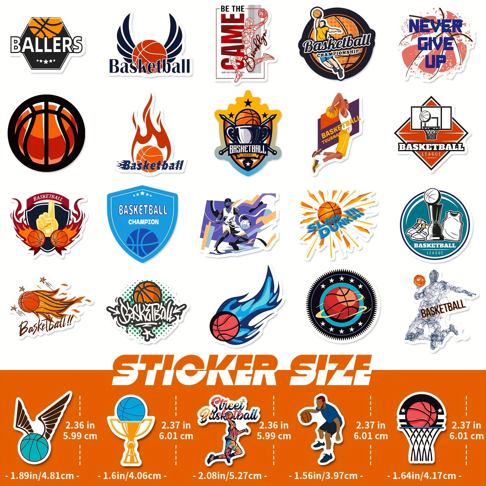50pcs Basketball Stickers Pack Waterproof Vinyl Decals for Skateboard
