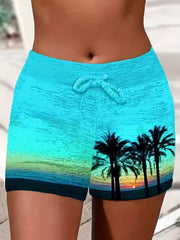 Coconut Tree Print Drawstring Shorts for Women