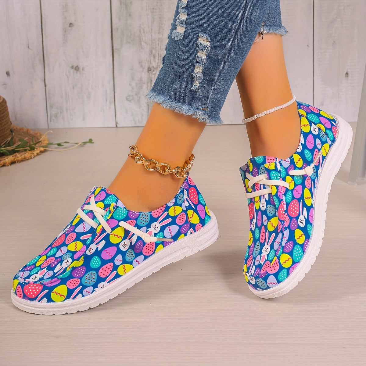 Women's Easter Eggs & Rabbit Graphic Canvas Shoes Lace up Flats