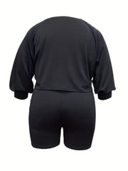 Casual Outfits Set Women Plain Long Sleeve Crop Top & Shorts 2pcs