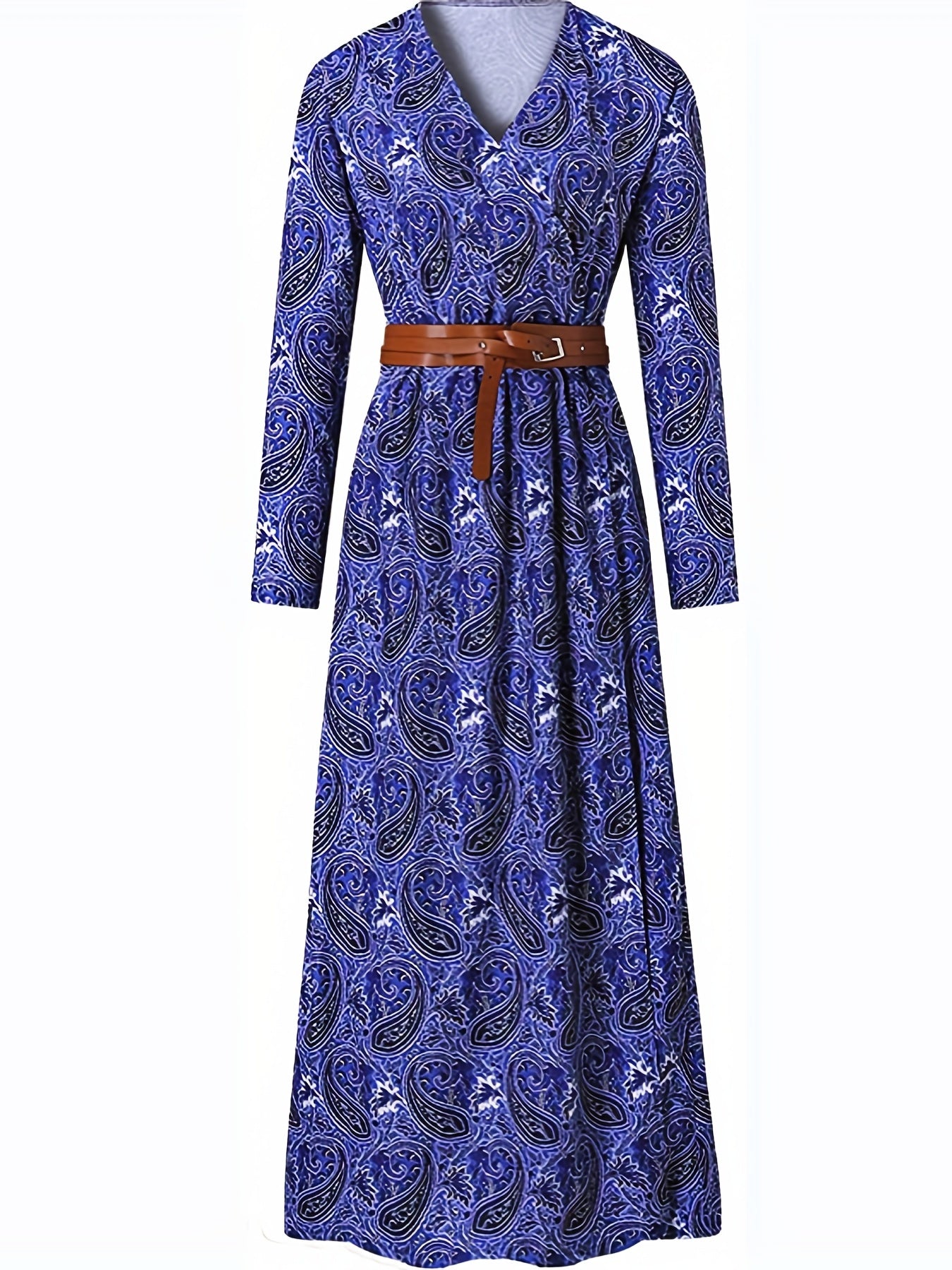 Paisley Print V Neck Dress Boho Long Sleeve High Waist Maxi Dress