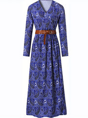 Paisley Print V Neck Dress Boho Long Sleeve High Waist Maxi Dress