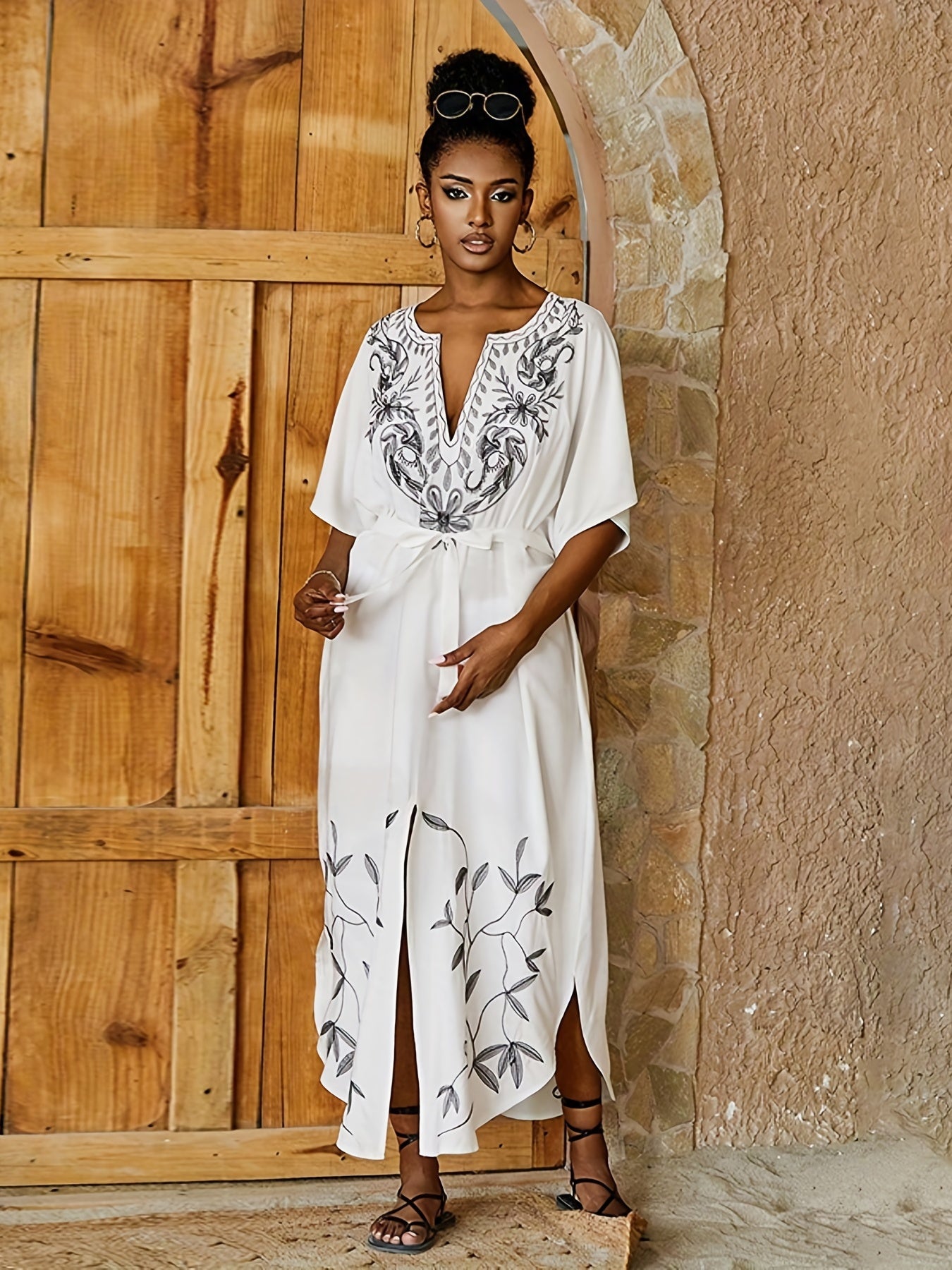 Plant Embroidered Cover Up Dress V Neck Loose Fit Short Sleeves